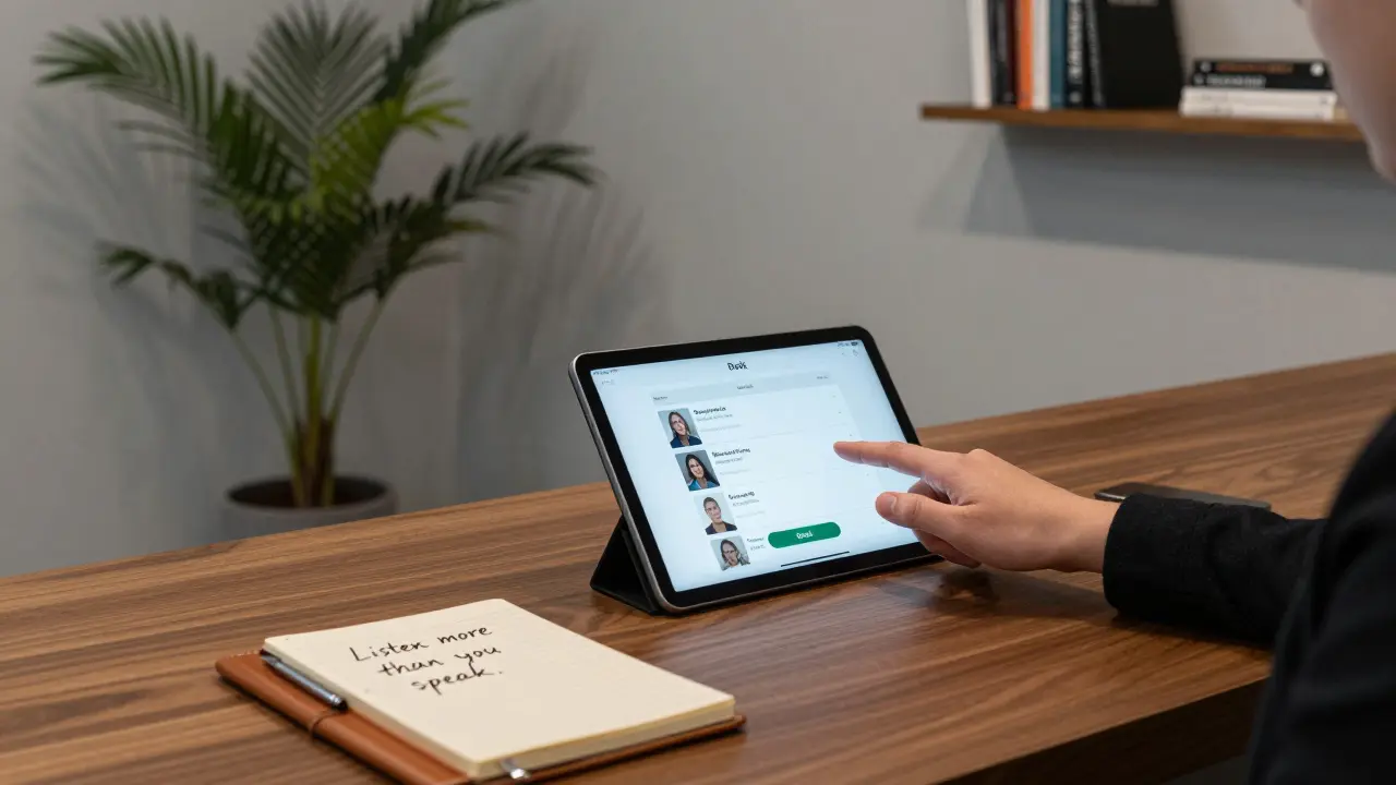 A discreet agency office with verified profiles on a tablet, no faces shown.