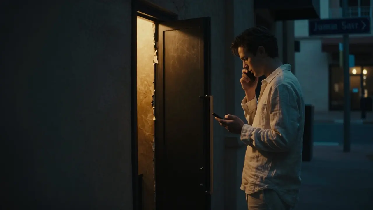 A hidden speakeasy entrance behind a refrigerator door in a dim alley, one person hesitating with a phone.
