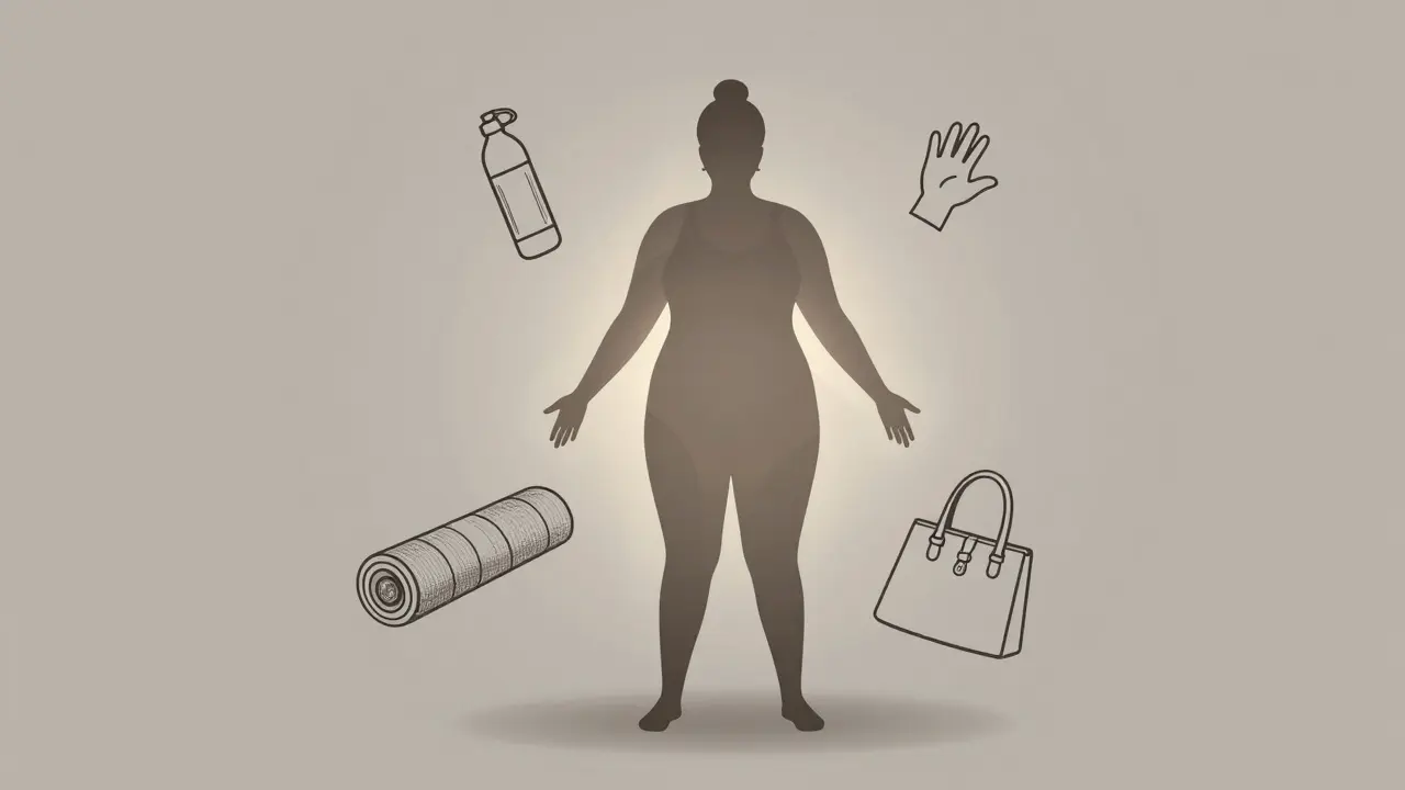 A human silhouette filled with symbols of health and lifestyle—yoga, water, child’s hand, camera, and handbag—representing body positivity.