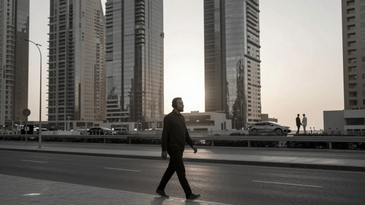 A lone expat walking at dawn in Dubai, symbolizing hidden intimacy beneath the city's surface.