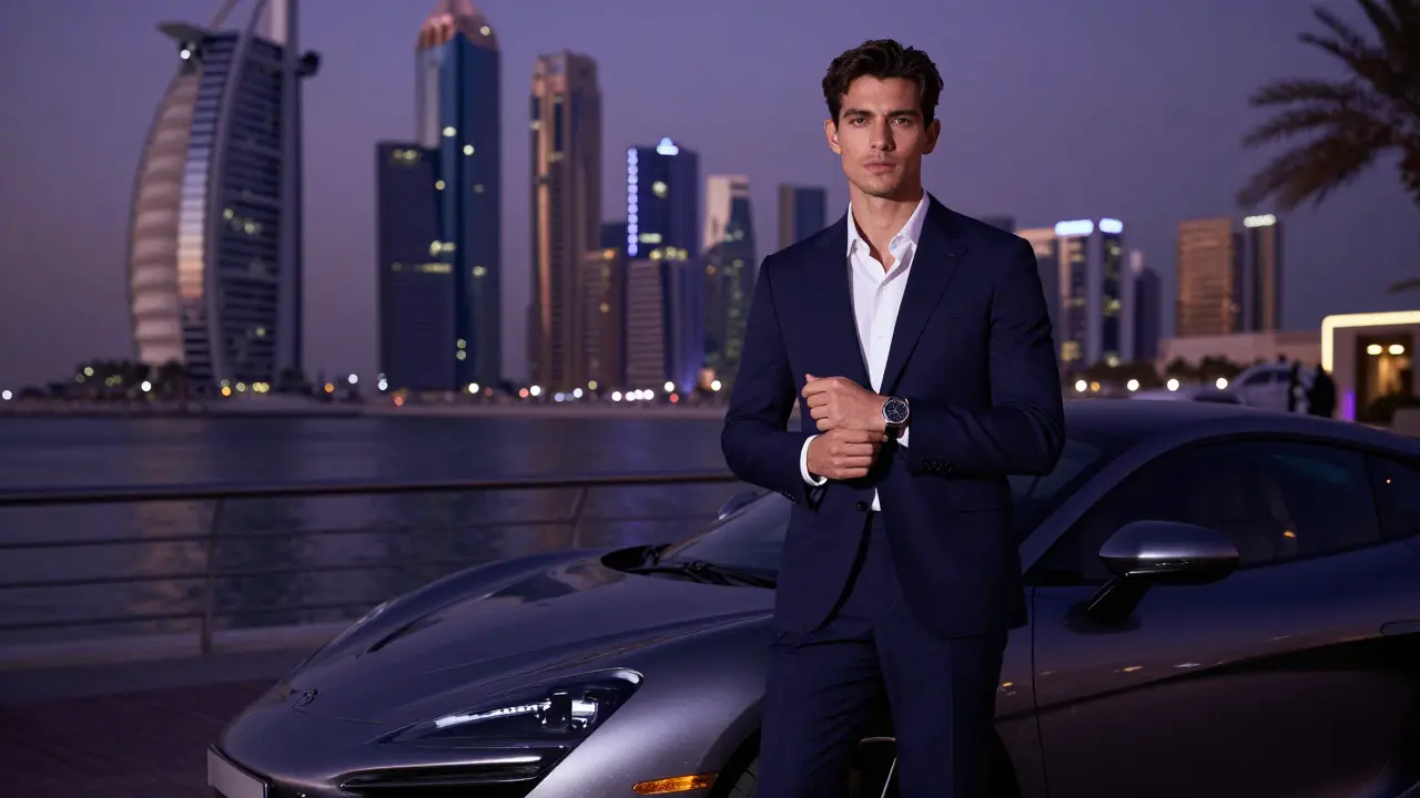 A male model beside a luxury car on Dubai's waterfront at dusk, exuding calm confidence.