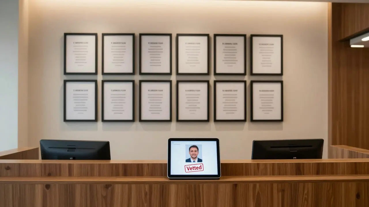 A professional escort agency office in Dubai with minimalist decor and verified client testimonials on display.