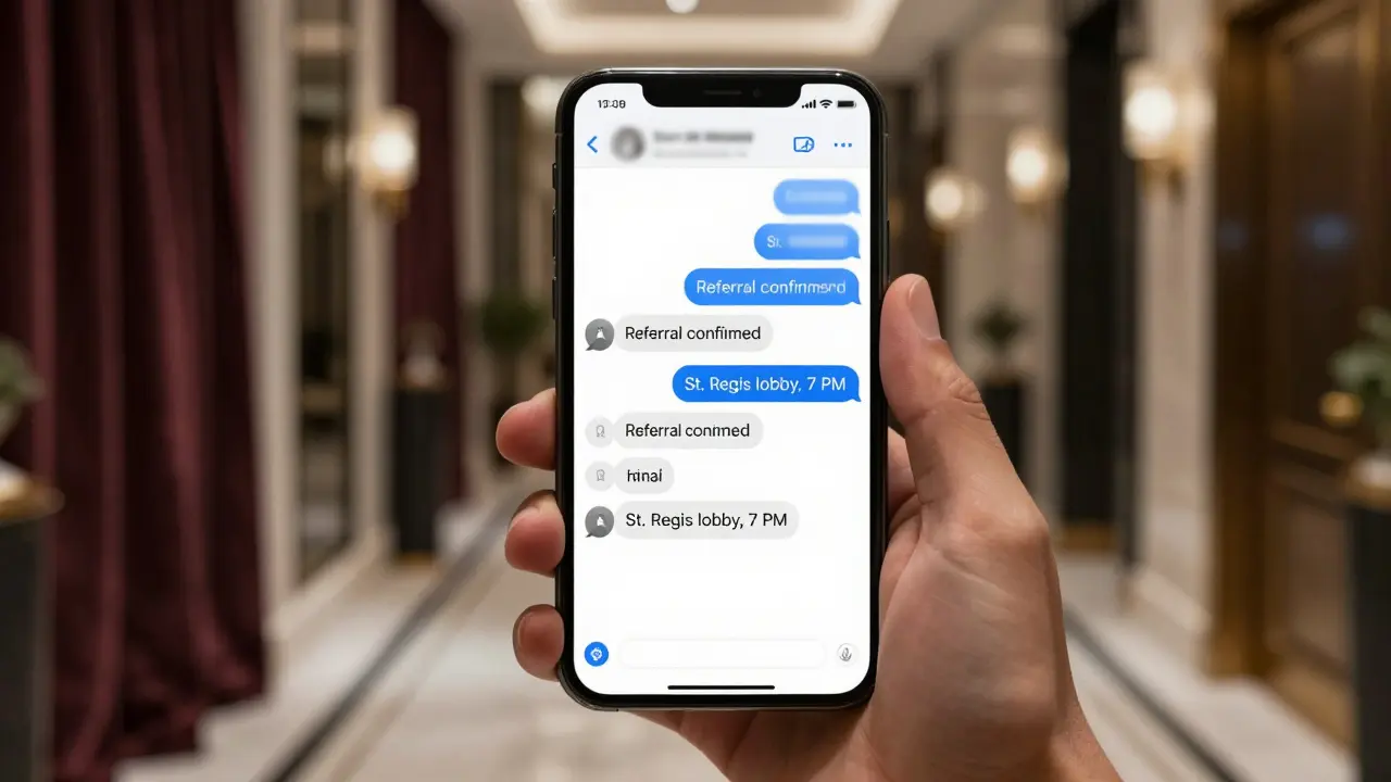 A smartphone showing encrypted chat messages about a discreet meeting arrangement.