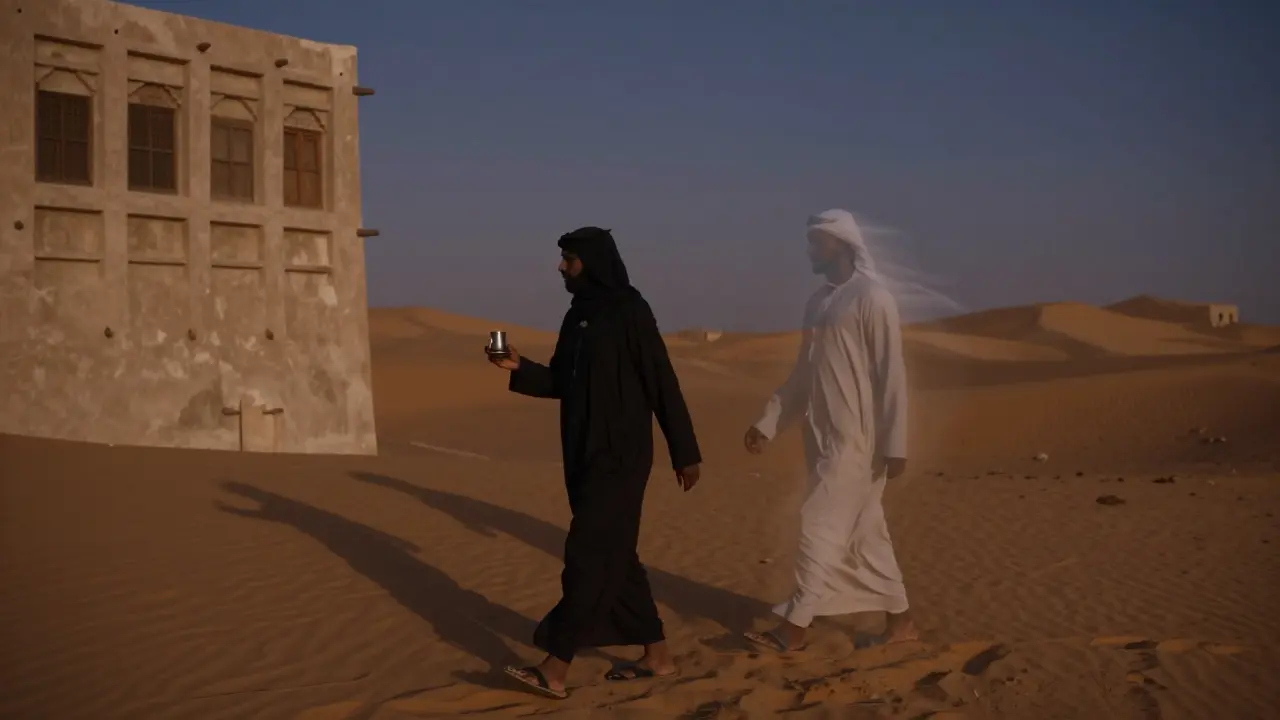 A solitary figure walking through historic Dubai streets, accompanied by a translucent companion at dusk.