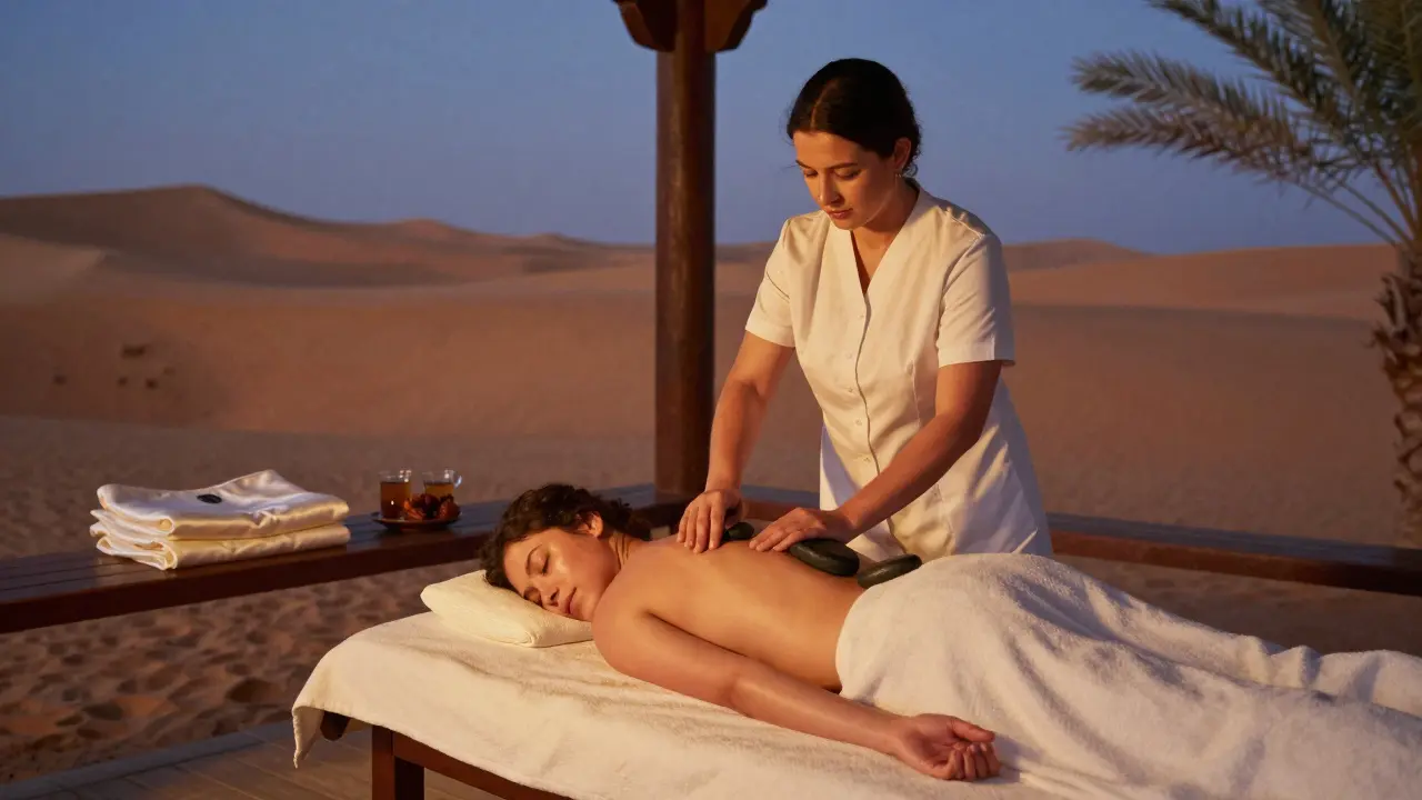 A therapist using heated stones on a client's back in a desert spa pavilion at sunset.