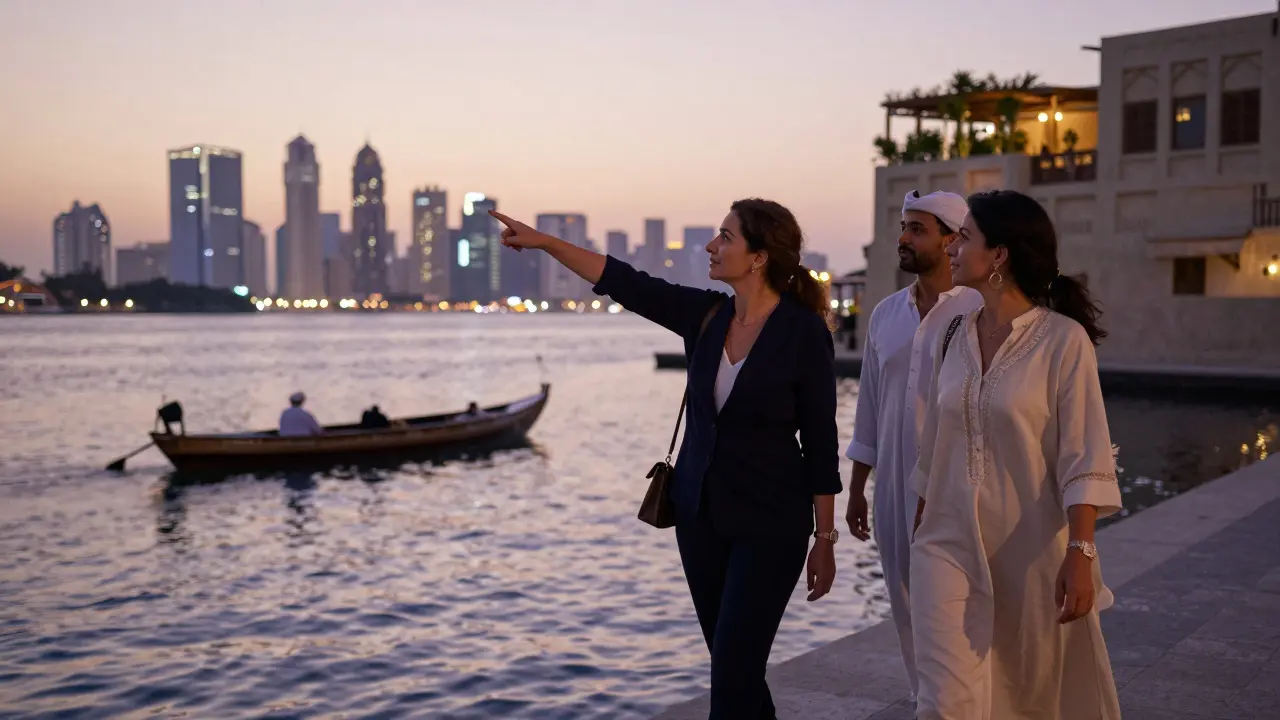 A traveler and companion walking along Dubai Creek at dusk, pointing to a hidden garden.
