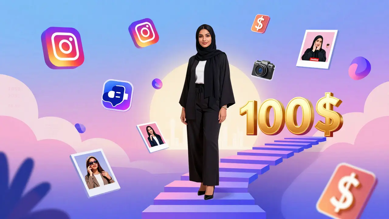 A woman in modest fashion standing atop social media metrics, with brand logos and dollar signs floating around her.