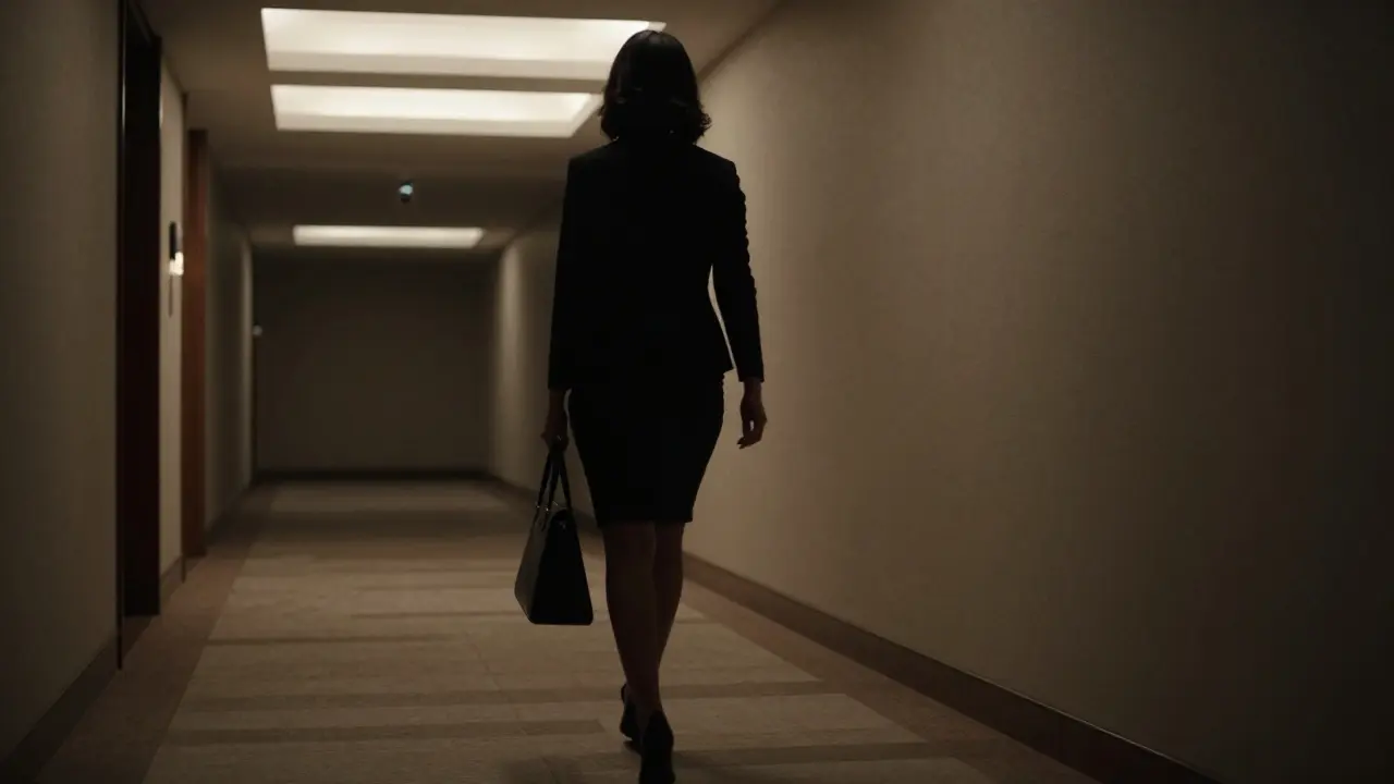 A woman walking alone through a high-end hotel corridor at night, her face hidden in shadow.