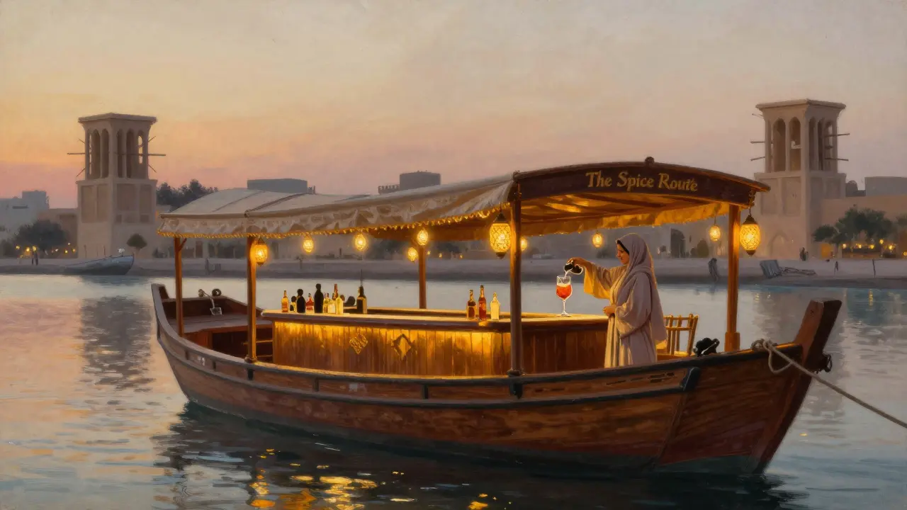 A wooden dhow boat turned cocktail bar on Dubai Creek at sunset, with a bartender serving a drink under hanging lanterns.