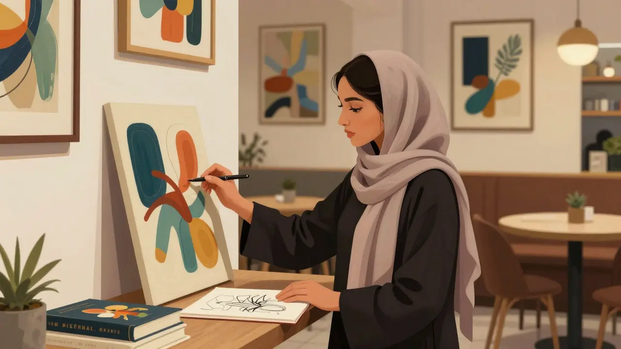 A young Emirati woman exploring art at Alserkal Avenue, wearing a stylish headscarf, surrounded by paintings.
