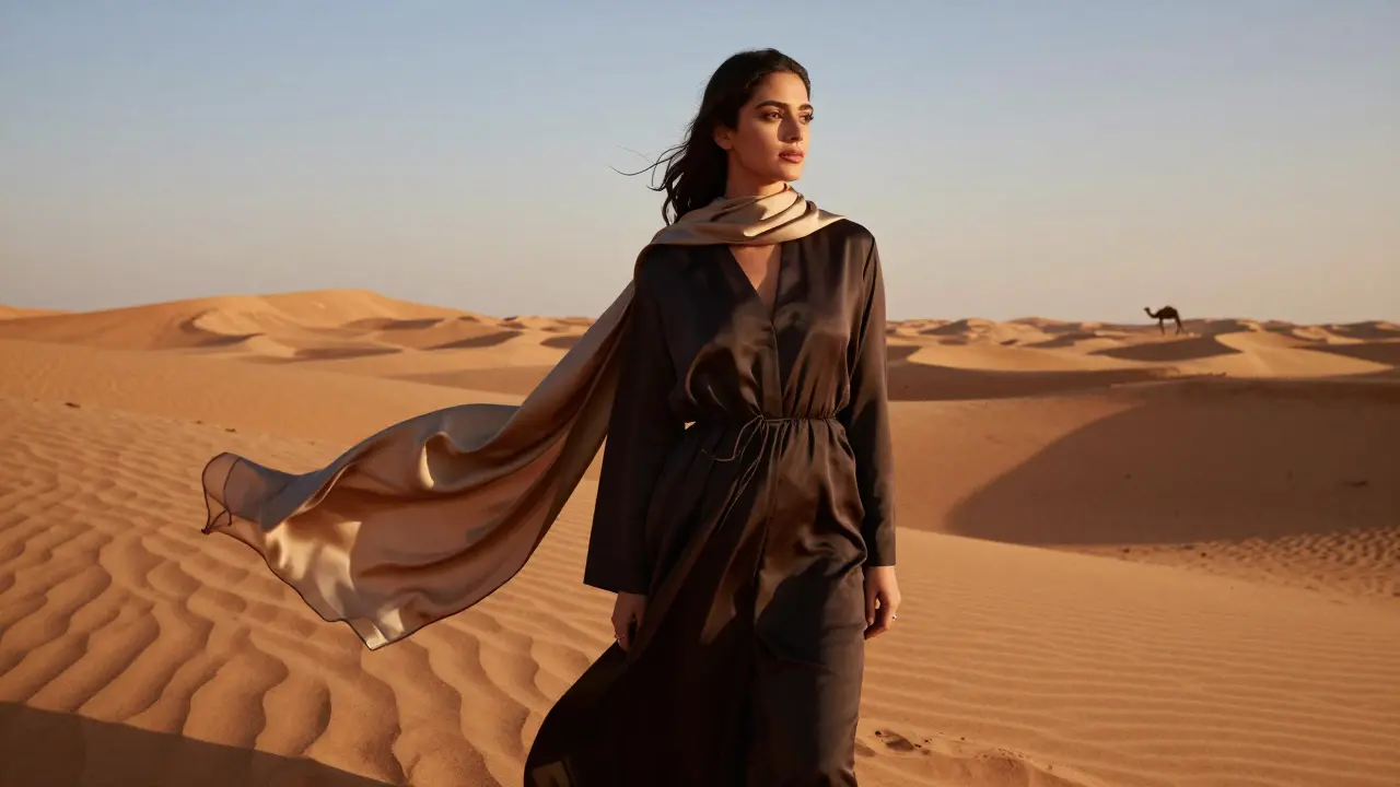 Alya Al-Farsi in golden desert light for L’Oréal campaign, silk scarf blowing, dunes stretching into horizon.