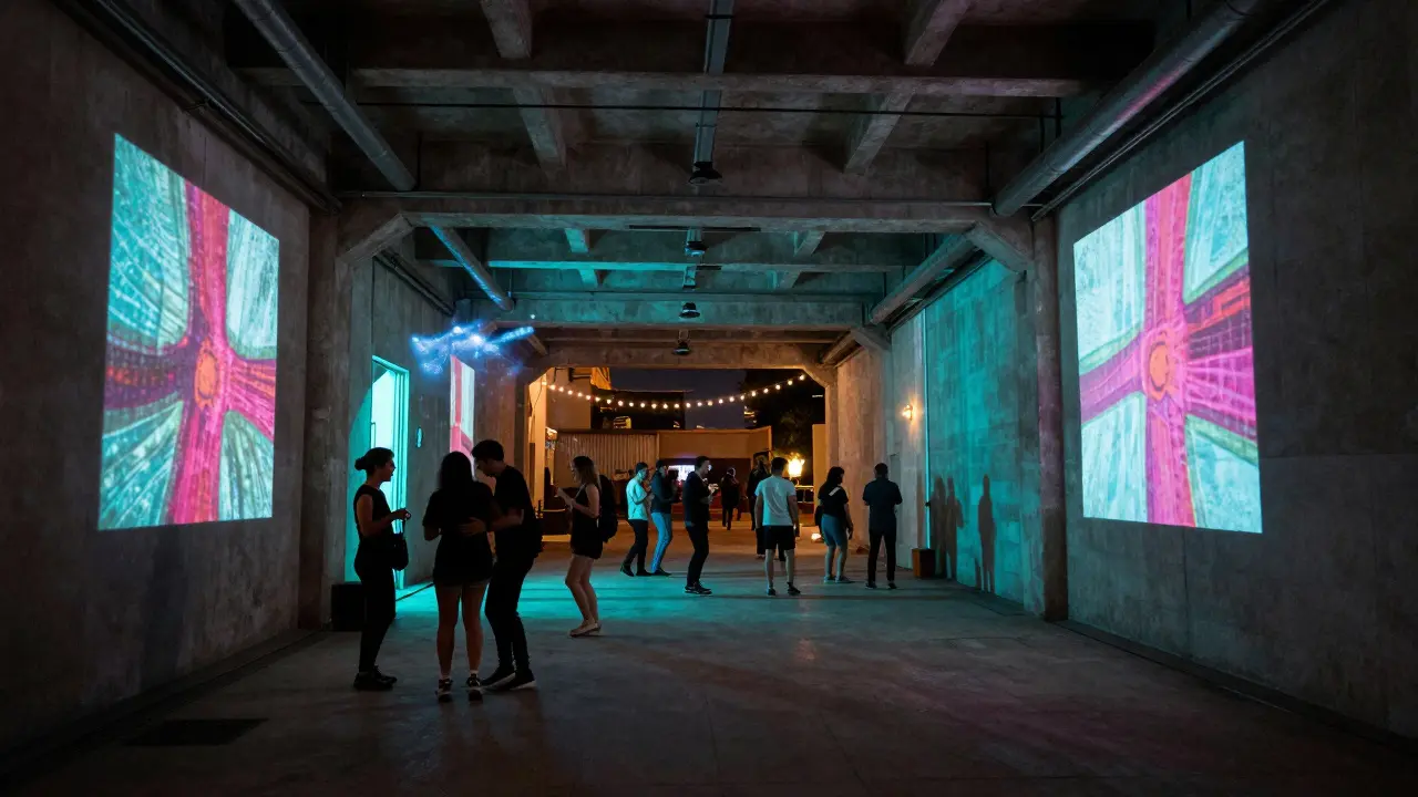 An underground art club in Alserkal Avenue with projected lights, small crowd dancing under string lights.