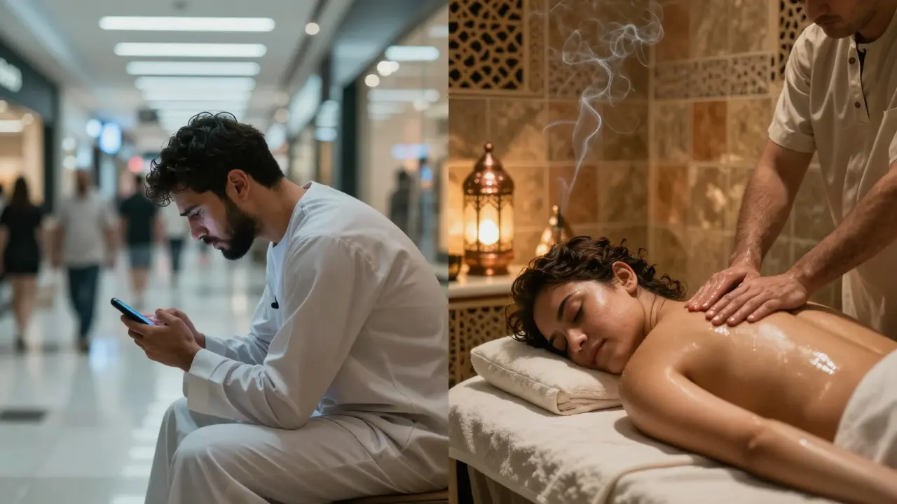 Contrast between stress in a busy mall and relaxation after a massage in a traditional Arabian spa.