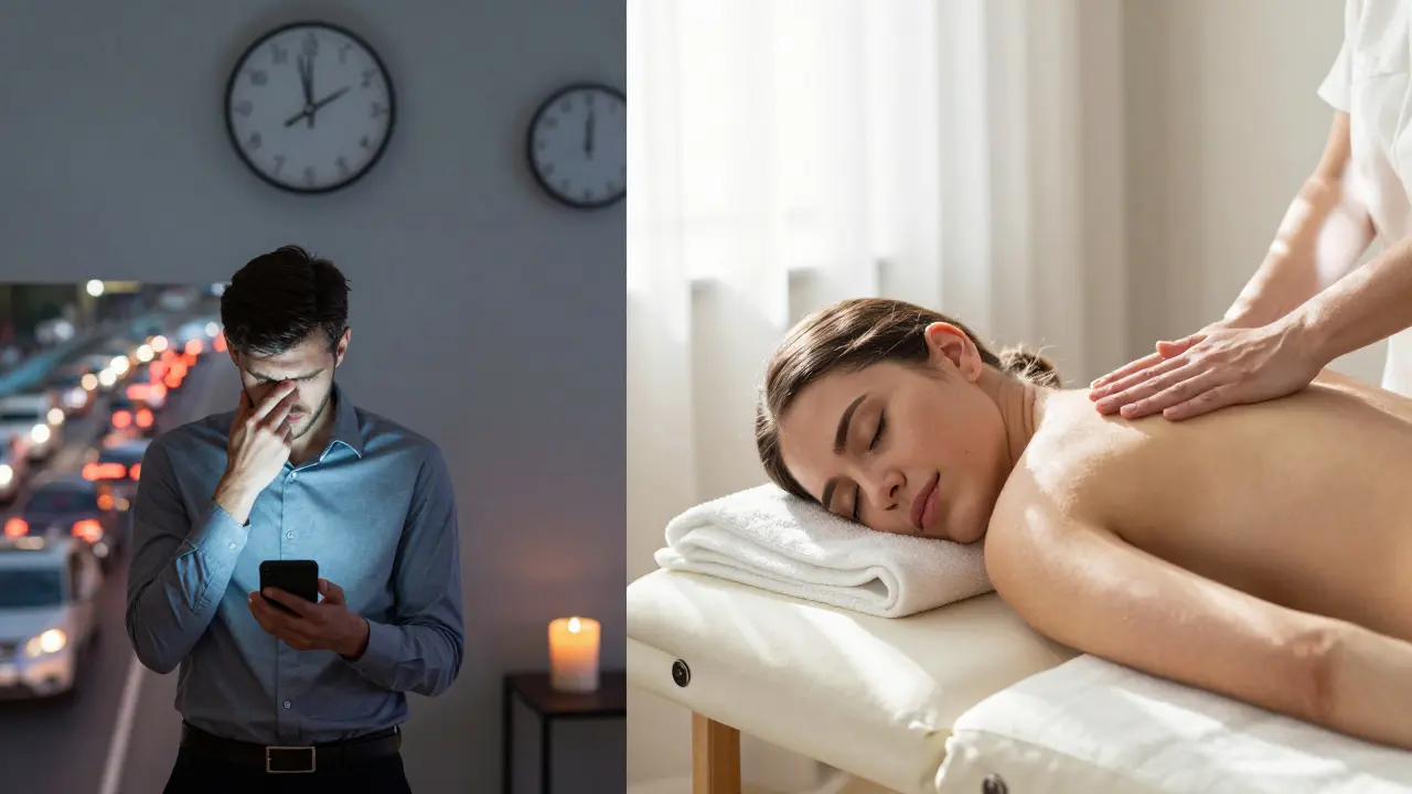 Contrasting images of stress in traffic versus peaceful relaxation after a home massage in Dubai.