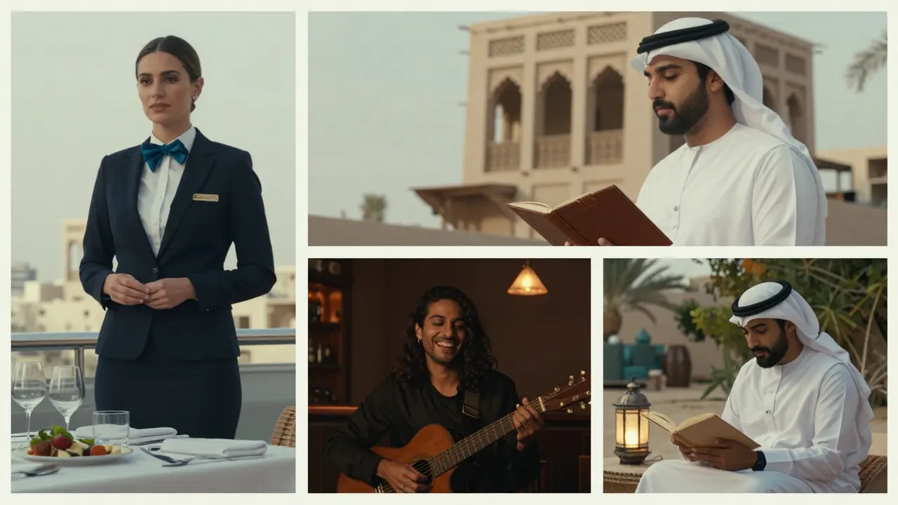 Four different types of companions in Dubai: corporate, cultural, nightlife, and quiet companion, each in their unique setting.