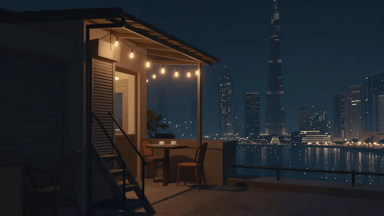 Hidden rooftop lounge in Dubai Marina with string lights and city views