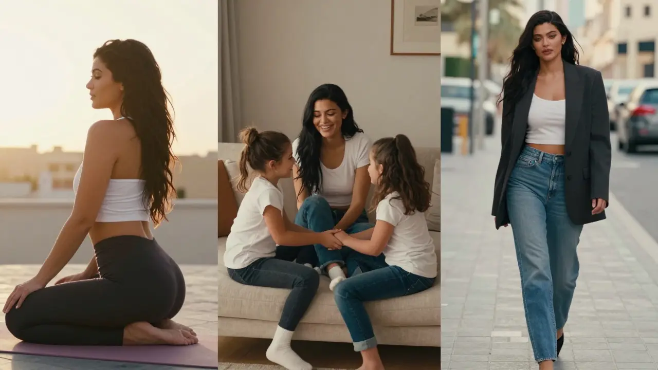 Kylie Jenner in three candid moments: doing yoga, laughing with kids, and walking stylishly in Dubai, all bathed in warm light.