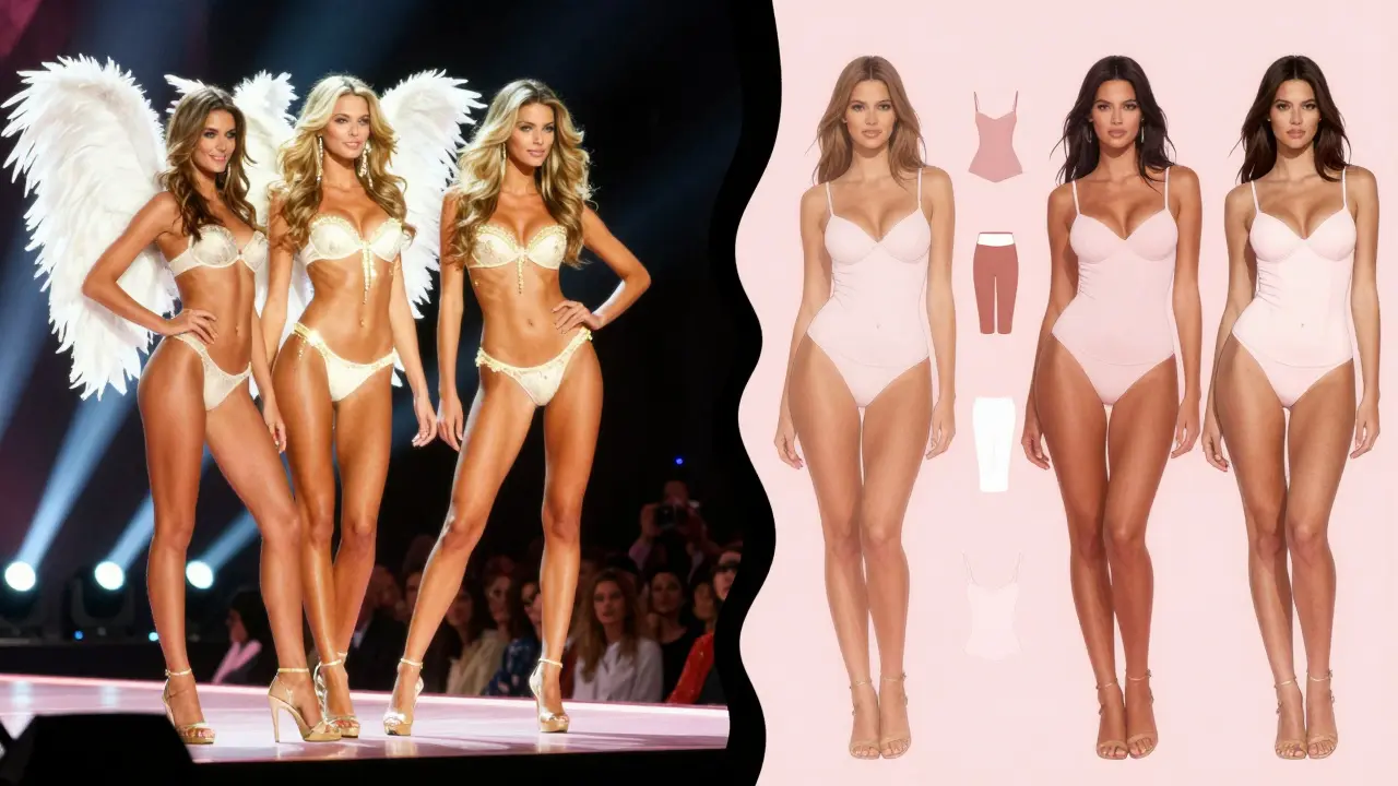 Left: classic Victoria's Secret Angels; right: diverse models with faint clothing, behind them only small sizes are visible.