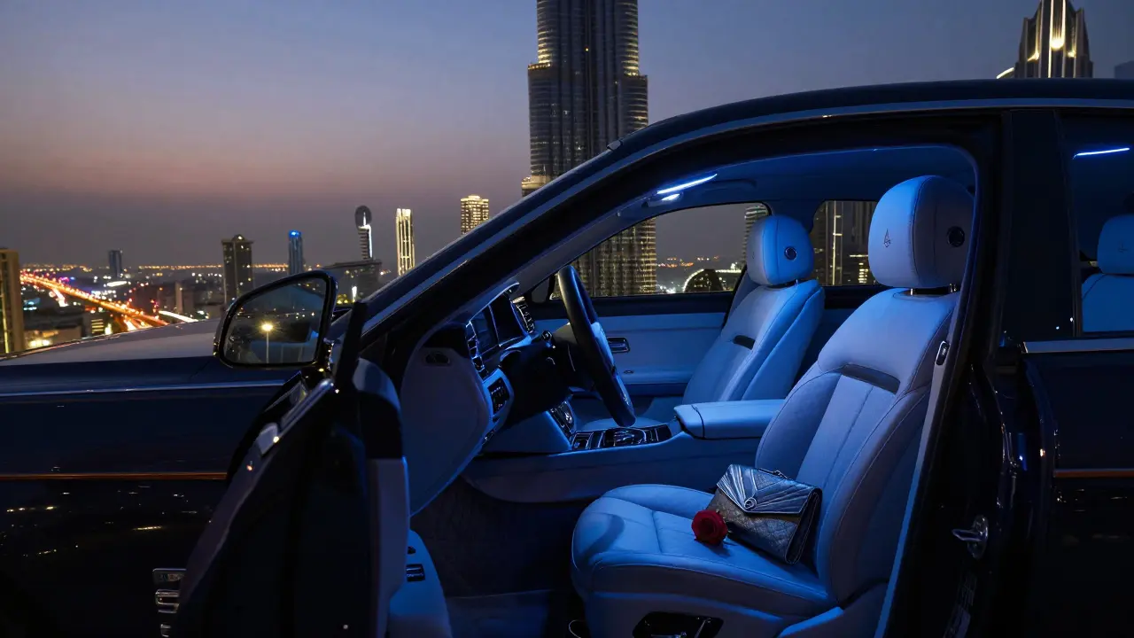 Luxury car parked outside At.mosphere with a designer clutch and rose on the seat at dusk.