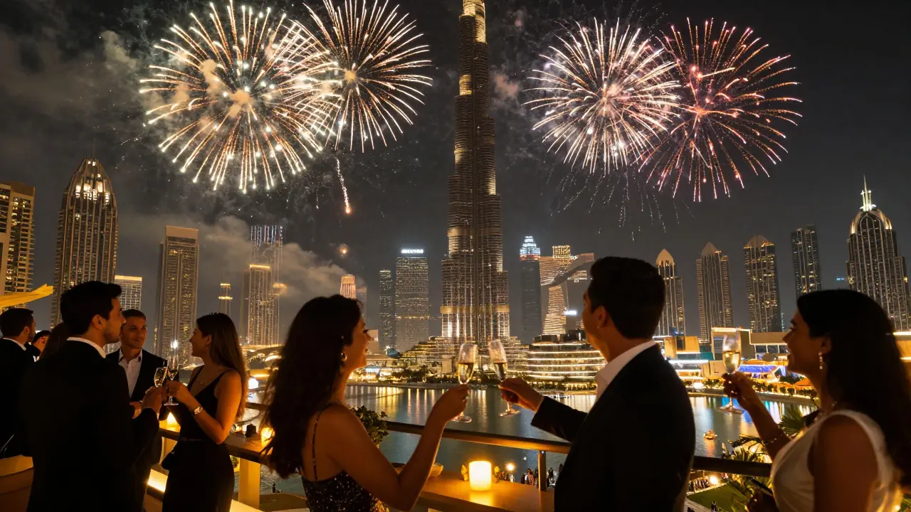 New Year's Eve fireworks over Dubai skyline from Cavalli Club terrace.