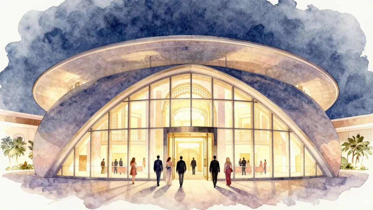 People entering Dubai Opera at night.