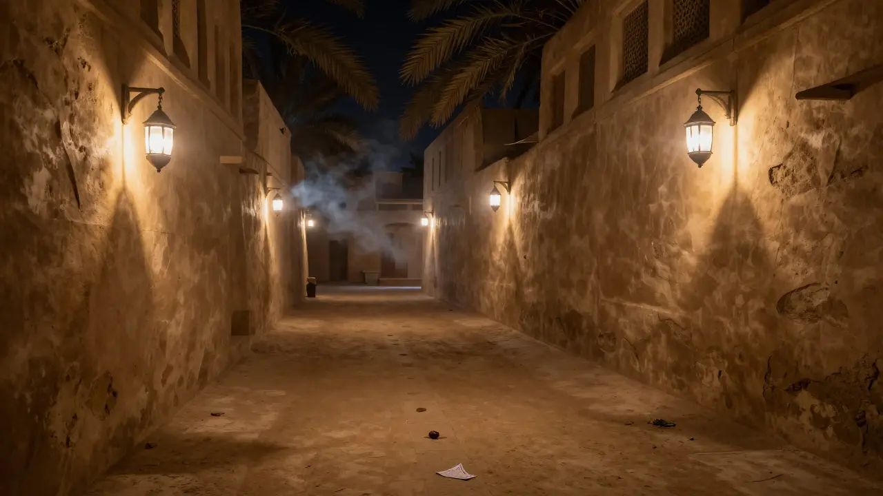 Quiet night alley in Al Fahidi with glowing lanterns and oud smoke