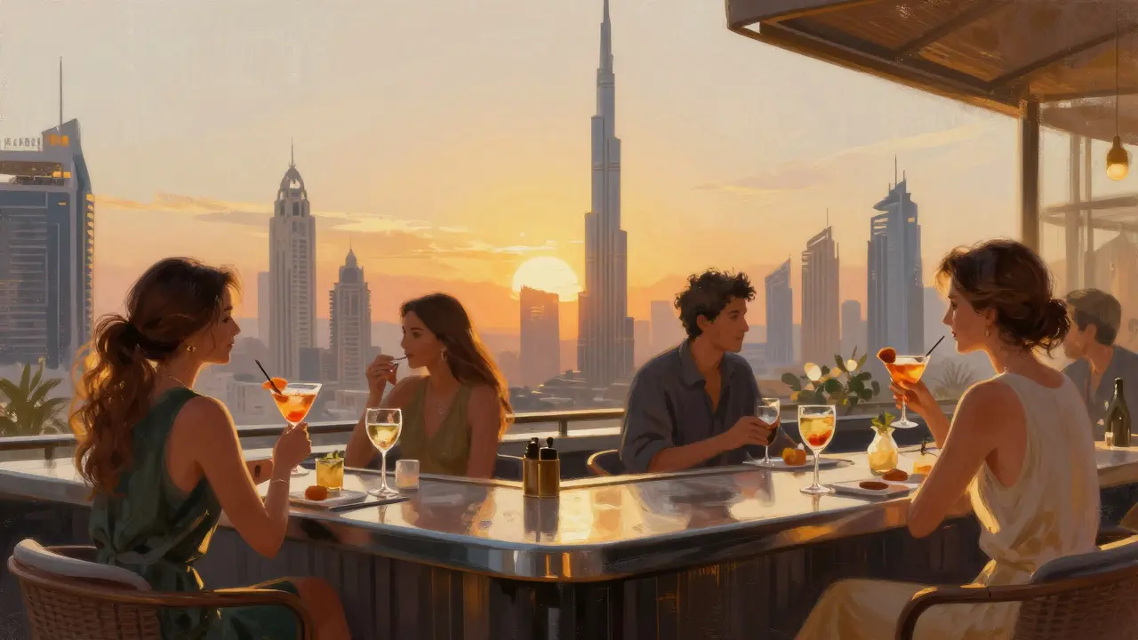 Rooftop bar scene with Dubai skyline at sunset.