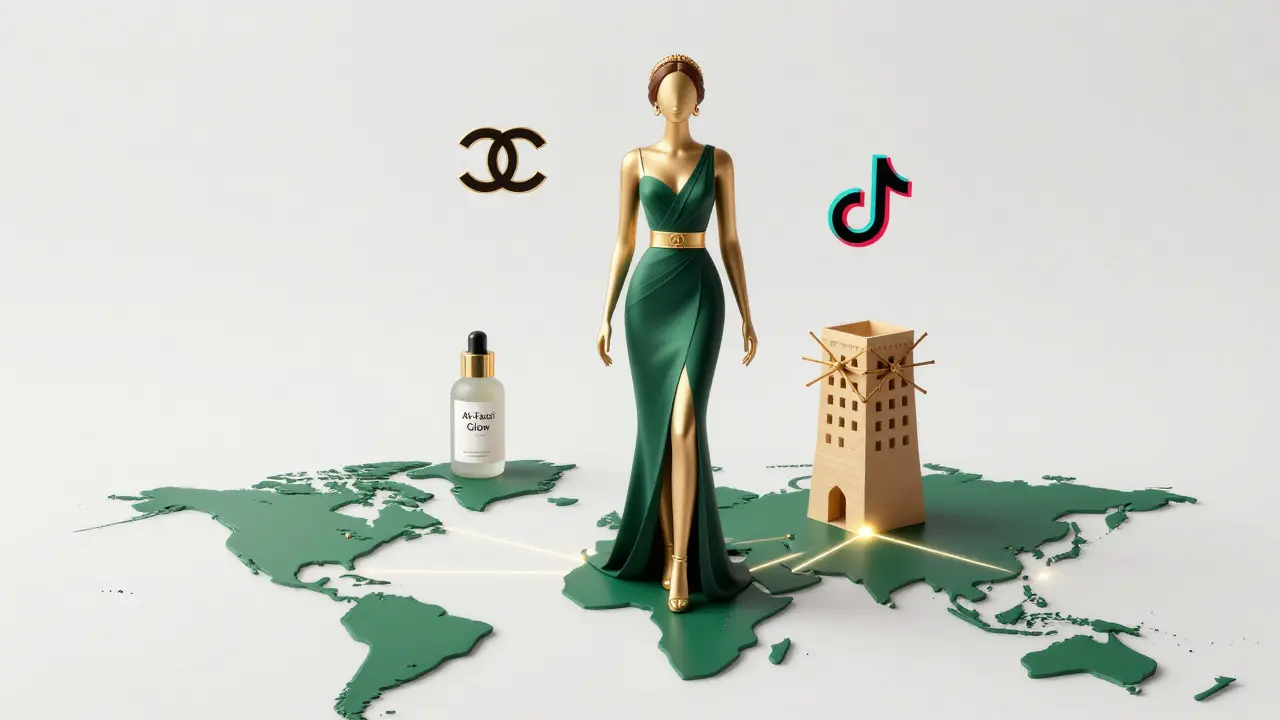 Symbolic portrait of Alya Al-Farsi as global fashion icon, merging luxury brands, social media, and Emirati culture.