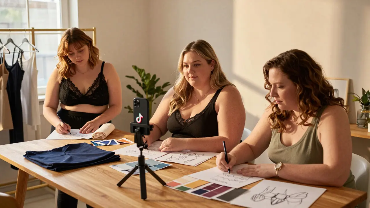 Three former plus-size models working as designers, influencers, and seamstresses in their own spaces.