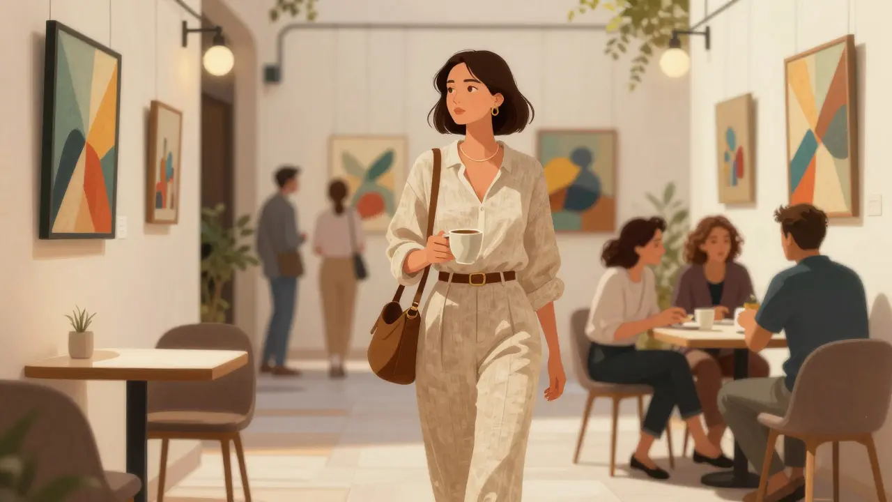 Woman walking through Alserkal Avenue art district, surrounded by murals and soft café lighting.