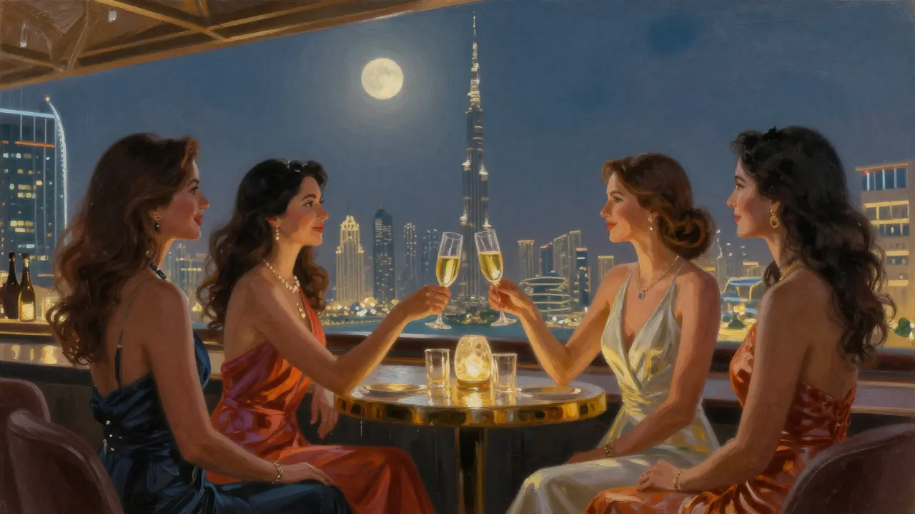 Women clinking cocktails at Skyview Bar with Burj Khalifa skyline