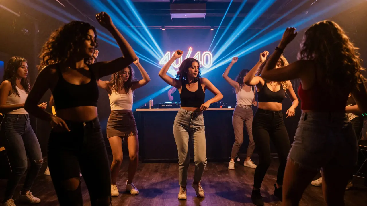 Women dancing in 40/40 Club with neon lights and DJ performance