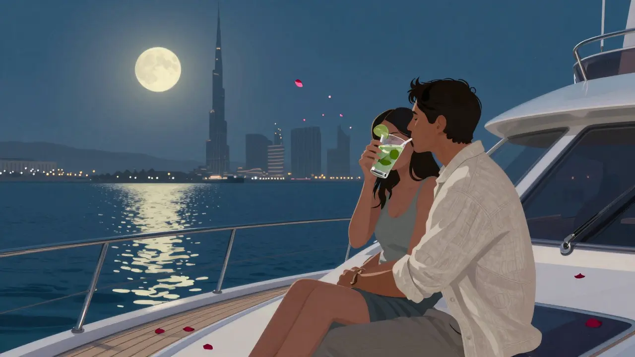 A couple sipping drinks on a yacht deck under the moonlight, with the Burj Khalifa silhouetted in the distance.