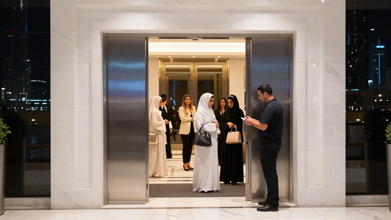 A discreet nightclub entrance where a bouncer checks IDs, revealing refined guests in elegant, logo-free attire against a backdrop of Dubai's skyline.