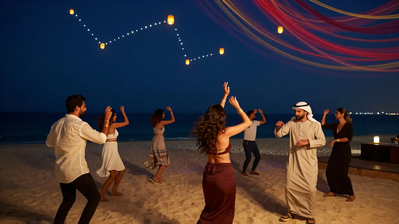 A diverse group dances on a sandy deck at night, with floating lanterns above and ocean waves behind, symbolizing cultural unity.