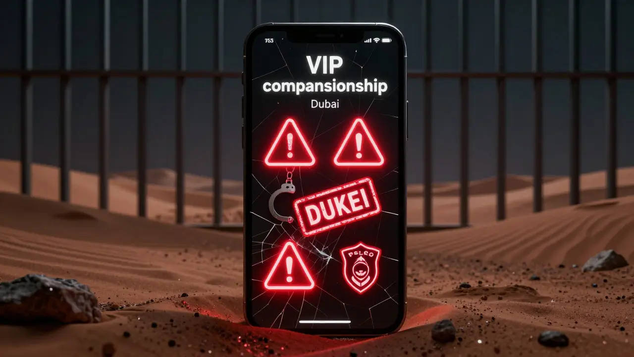 A fake escort ad on a smartphone with warning symbols of handcuffs, deportation, and police badges.