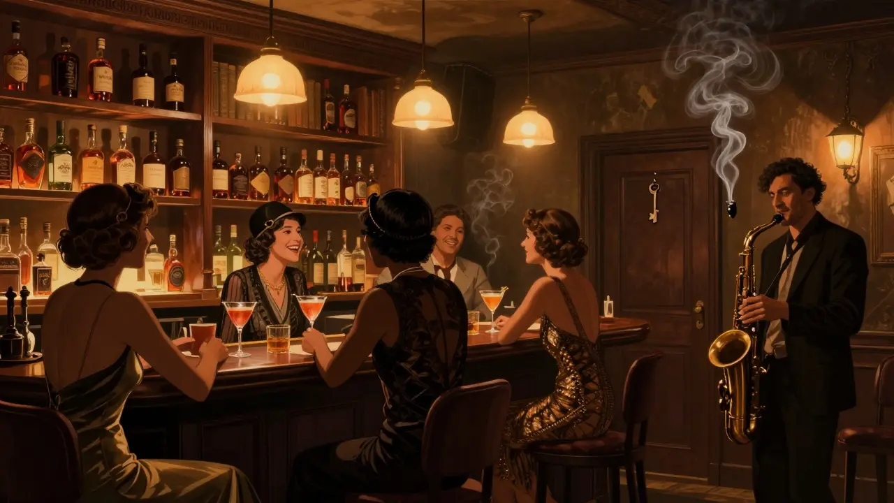 A hidden jazz bar in Dubai with vintage decor, live music, and warm ambient lighting.