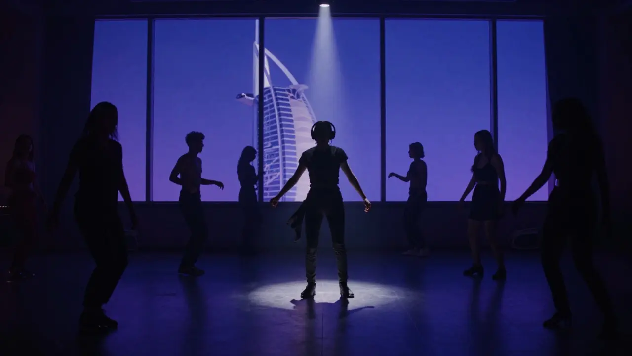 A lone person dancing peacefully on a nightclub floor with soft lights and distant city views.
