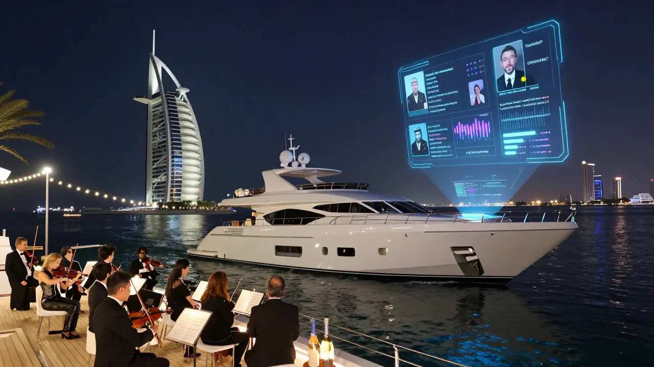 A luxury yacht hosts an orchestra at night, holograms display social media sentiment as guests enjoy champagne under string lights.