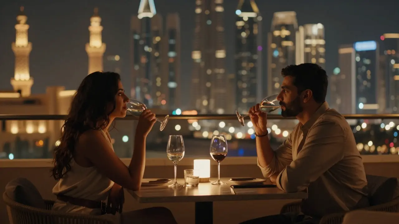 A man and woman having a quiet dinner on a rooftop in Dubai, enjoying the skyline with subtle elegance.