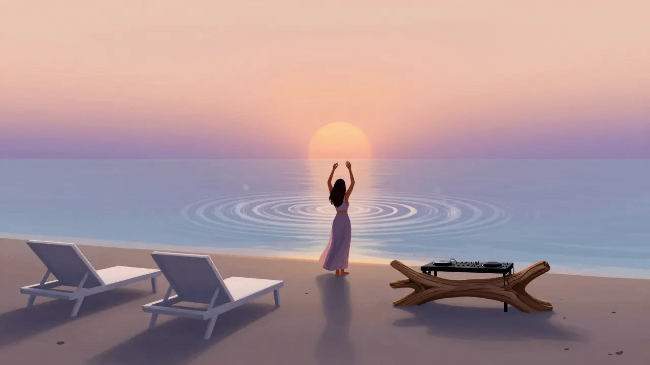 A minimalist beach club at sunset with white loungers and a driftwood DJ booth, waves gently breaking nearby under a glowing horizon.