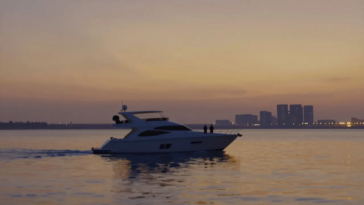 A private yacht glides silently along Dubai Marina at sunset, two figures silhouetted against the horizon.