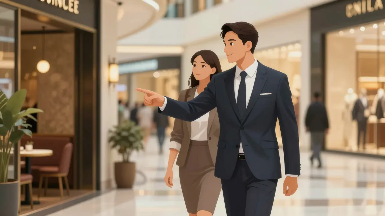 A professional companion guides a client through Dubai Mall, pointing to a hidden café amid luxury storefronts.