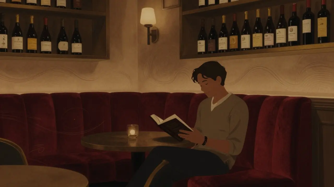 A quiet lounge scene with a solo guest reading in a velvet booth under warm ambient lighting.