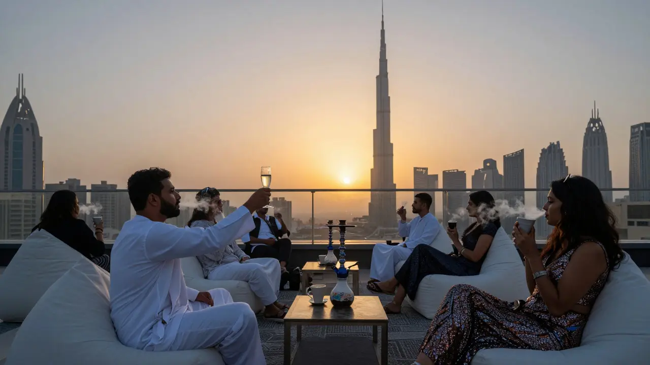 A quiet rooftop terrace at sunrise with guests sipping coffee and shisha, overlooking Dubai’s skyline as the first light touches the Burj Khalifa.