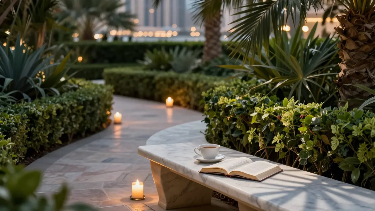 A secluded garden behind a luxury hotel with candlelight, an open book, and a teacup in the soft night air.