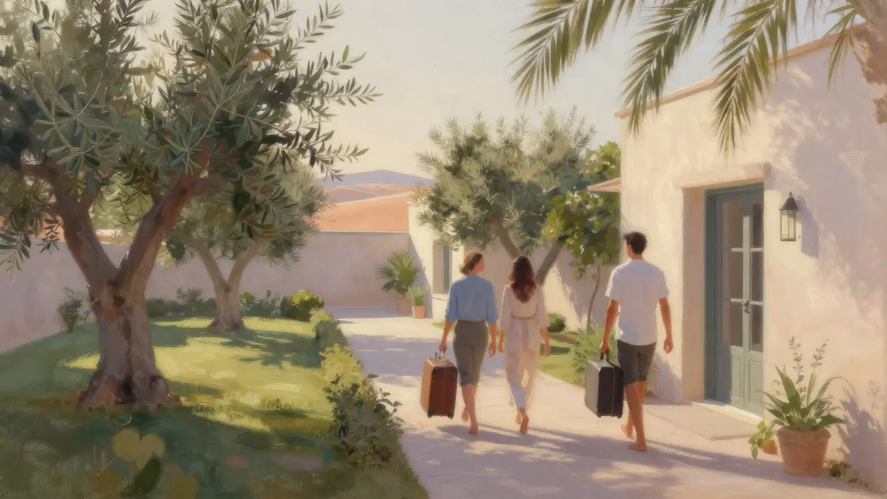 A serene walk at sunrise in a private villa garden, suitcase nearby, peaceful companionship amid desert views.