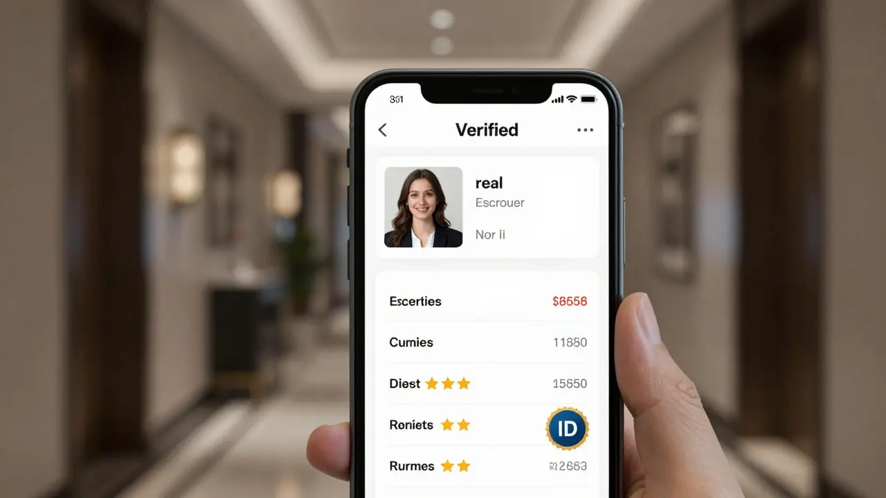 A smartphone showing a verified escort profile with real photos and client reviews on a trusted platform.