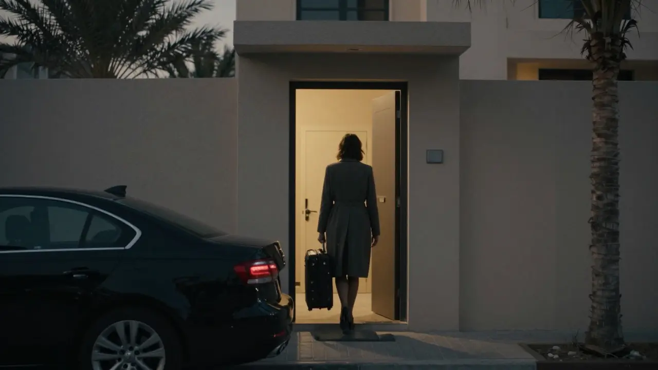 A woman exits a quiet residential building in Al Barsha at twilight, a black car waits curbside, no visible signs or cameras.