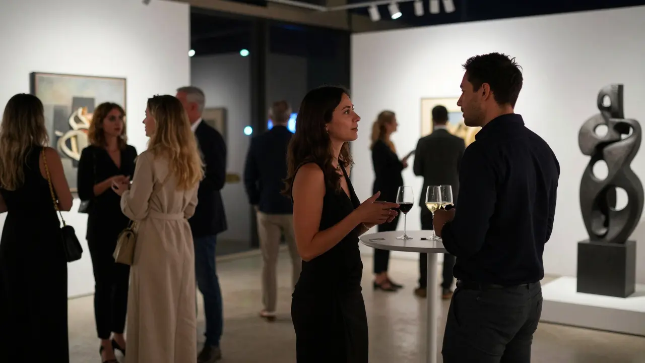 A woman in a black dress shares a quiet conversation with a man at a private Dubai art gallery opening, elegant evening setting.
